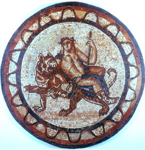 バッカス、古代ローマのワインの神、虎に乗って、ローマ時代のモザイク、1世紀または2世紀