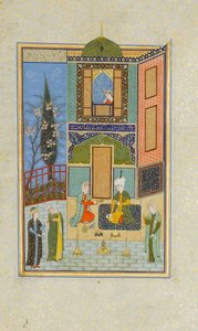 月曜日の緑の宮殿でのバーラム・ガー、ニザミのカムサ・クインテットのフォリオ、A.H.931A.D.152。 作： Unbekannt