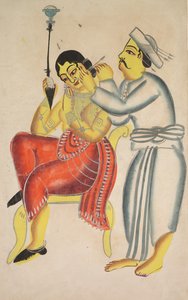 1800年代、女性の耳を掃除する理髪師。 作： Unbekannt