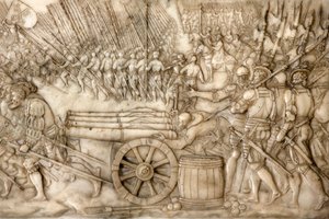 サン・ドニのバシリカ、フランス王フランシス1世とフランス王クロードの墓、財団の低層レリーフ、1515年のマリニャーノの戦いの描写-旧スイス盟約者団の部隊、フランス、サン・ドニ 作： Unbekannt