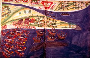 16世紀のインド、ボンベイ近くのグジャラート州スラトでのイスラム教徒とポルトガル人の戦い 作： Unbekannt