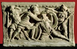 エトルリア時代の骨壺に描かれた戦闘シーン(石) 作： Unbekannt