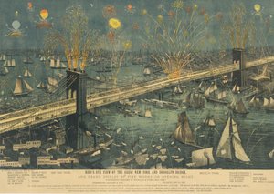 グレート ニューヨークとブルックリン ブリッジの鳥瞰図、および花火のグランド ディスプレイ ...、1883 年。 作： Unbekannt
