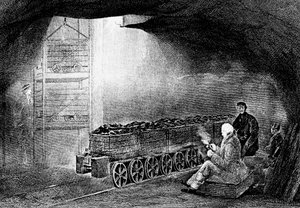 積載された貨車の列がある炭鉱のピットシャフトの底、1860 作： Unbekannt