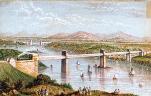 メナイ海峡、ウェールズ、c1850年代のブリタニア管状橋 作： Unbekannt