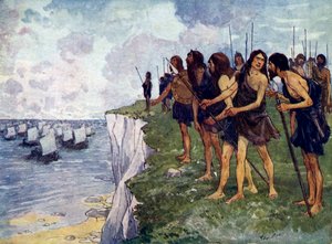 16世紀のバイキング船の差し迫った到着を待っている英国人 作： Unbekannt