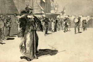 戦士の女王、ブルンヒルドは1882年にガンサーズシールドで槍を投げます。 作： Unbekannt