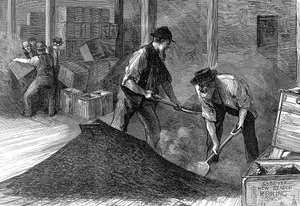 1874年、ロンドンの東西インドドックカンパニーの倉庫にあるかさばるお茶 作： Unbekannt