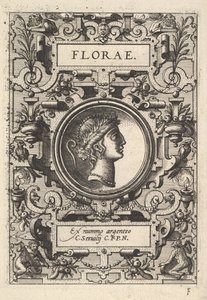 Deorum dearumqueシリーズのストラップワークで囲まれたフローラエの胸像、一連の画像...、1573年。 作： Unbekannt