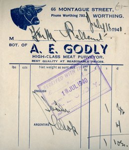 肉屋の領収書、1940年。 作： Unbekannt