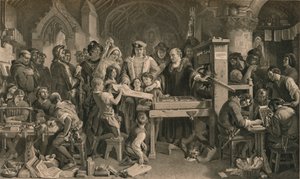 ウェストミンスターでエドワード4世に彼の印刷の最初の標本を見せているカクストン、c1477 1905 作： Unbekannt