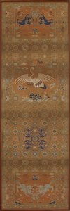 鶴、獅子、龍、縁起の良いシンボルが描かれた椅子カバー、清王朝、18世紀。 作： Unbekannt