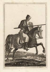 鎖帷子のホーク、平たいヘルメット、ランス、ヒーターシールド、脛の鎧ジャンベソン、戦争用サドルを身につけた12世紀から13世紀の騎士の突撃シーン 作： Unbekannt