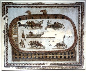 アリーナの戦車レース、ローマ時代のモザイク、2世紀