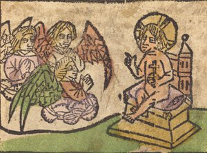 3人の天使を持つキリストの子供、c。 14601470。 作： Unbekannt