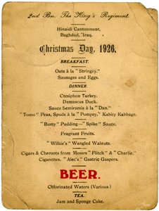 クリスマスの日メニュー、第2大隊、キングス連隊、イラク、1926 作： Unbekannt