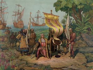 スペインのために「新世界」を主張するクリストファー・コロンブス（1451〜1506）（リトグラフ 作： Unbekannt