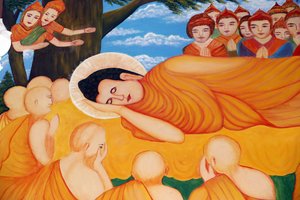 Chua Tu Quang仏陀寺。涅槃仏の絵。45年間法を説いた後、仏陀はパリニルヴァナに入った。ブンタウ。ベトナム。 作： Unbekannt