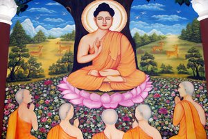 Chua Tu Quang仏陀寺。5人の弟子に説教-法の輪-を説く釈迦牟尼仏。ブンタウ。ベトナム。 作： Unbekannt