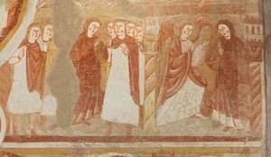 教会（Église Saint-Martin）。内部の様子。壁画（フレスコ画）。身廊の西壁。詳細。聖母の告発と受胎告知。12世紀の作品。 作： Unbekannt