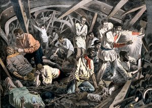 屋根の落下によって地下に閉じ込められた炭鉱夫、Courrieres鉱山、Pas-de-Calais、フランス、1906 作： Unbekannt
