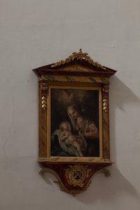 大学付属の教会。内装。絵画。子連れのマドンナ。イタリア（？）。キャンバスに油彩。 作： Unbekannt