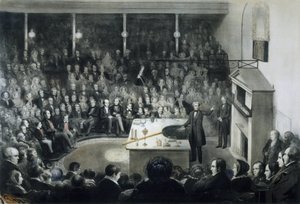 1855年12月27日、ロンドンの王立研究所で行われた、物理学者マイケル・ファラデー（1791-1867）の講演会。 作： Unbekannt
