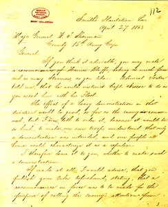 1863年4月27日、ルイジアナ州スミス・プランテーションのU.S.グラントからW.T.シャーマン将軍への手紙の現代版コピー 作： Unbekannt