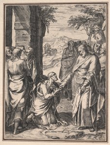 Cornelis Cortのコピー：聖ペテロに教会の鍵を与えるキリストc。 1567。