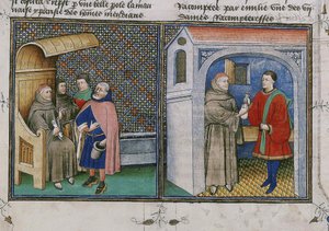 汚職。ジョヴァンニ・ボッカチオのデカメロンと呼ばれる本のミニチュア、1460年代。