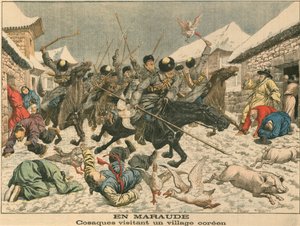 朝鮮の村を脅かすコサック、日露戦争、1904 作： Unbekannt