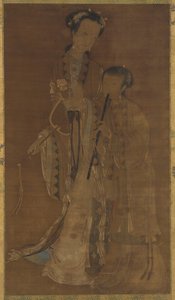 扇子と笛を持った娼婦、清王朝、17～18世紀。 作： Unbekannt