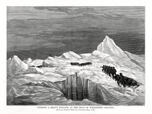 ウェリントン海峡の頭で重い氷塊を渡る、1877年 作： Unbekannt