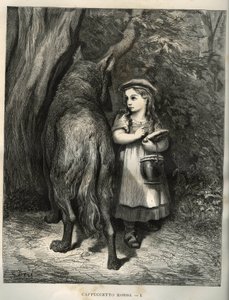 森を越えて、赤ずきんちゃんは狼に出会う。シャルル・ペロー（1628-1703）の「コンテ」からギュスターヴ・ドーア（1832-1883）が描いた版画。 作： Unbekannt