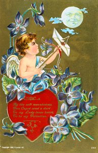 愛の手紙を運ぶ矢を射るキューピッド、アメリカのバレンタインカード、1908年 作： Unbekannt