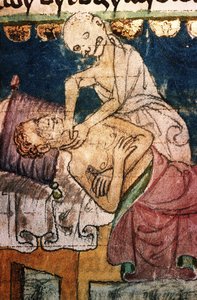 疫病の犠牲者を絞殺死。 Stinyコーデックス、14世紀から 作： Unbekannt