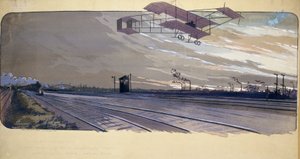 航空の始まり：1910年4月27日～28日に開催されたロンドン/マンチェスター300km直線レースで、複葉機で線路上を飛行するルイ・ポーラン（1884～1963）。 作： Unbekannt