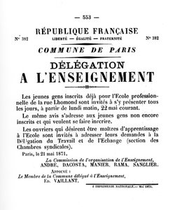 1871年5月のパリのコミューンのフランスの政治ポスターからの代表団、LEnseignement