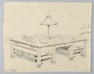 両側に2枚のオープン・ストレッチャー・シェルフを備えた大規模な図書館用収納テーブルのデザイン、1900-05年