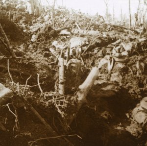 破壊された避難所、フランス北部のレザルパージュ、1915年。