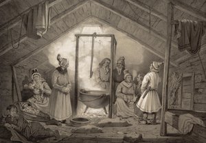 フィンランドの農家のコテージの内部。図版は「Norge fremstillet i Tegninger av Asbjørnsen, P.Chr. og utgitt av Chr.Tønsberg」（no, 1848）から引用したものです。
日曜日はSamiにイヤーハウスを着せました。「木造の小屋（...）は、Sölapperneの中で例外的にしか見られません。 作： Unbekannt