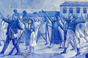 ブラジルを独立に導いたペドロ王子を応援するカチョエイラの人々を描いたモザイク画の詳細（ブラジル・カチョエイラ
