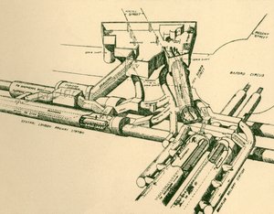 1930年のオックスフォードサーカスにある新しい地下鉄駅の図。