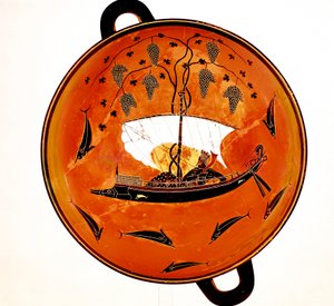 イルカに囲まれた帆船のディオニュシオス、古代ギリシャ料理のクラテル、紀元前530年