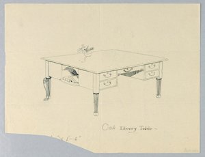 図面、サイドニッチと脚のバリエーションが示された図書館用テーブルのデザイン