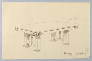 丸い角にプッティの顔が彫られた「図書館用角型テーブルのデザイン」ドローイング#2 作： Unbekannt