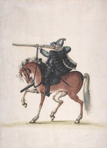 16 世紀後半の馬に乗った火縄銃騎兵の絵。 作： Unbekannt