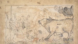ドゥルガーが水牛の悪魔マヒシャに立ち向かう: デヴィ マハトミヤの場面 1780年。 作： Unbekannt