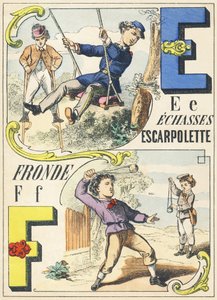 E F：竹馬、エスカルポレット、スリング - 『Games Alphabet』1890年頃（イラスト 作： Unbekannt