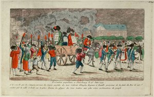 1791 年 6 月 25 日、ストラスブールでのクリングリン、ハイマン、ブイユの彫像の燃焼。 作： Unbekannt